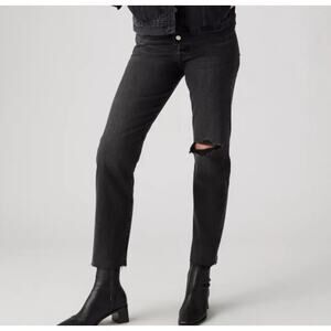 Levi's Wedgie Straight Jeans Black Gray Distressed Button Fly Women size 29 x 28